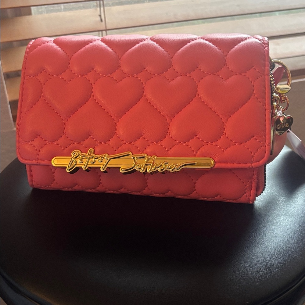 Betsey Johnson Pink Heart Quilted Wallet, Crossbody Strap
